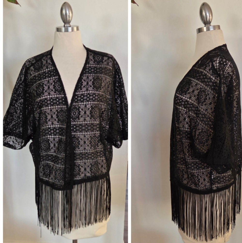 Vintage Kirra Black Fringe Kimono Top USA Made Whimsical Y2K Fairy Goth
